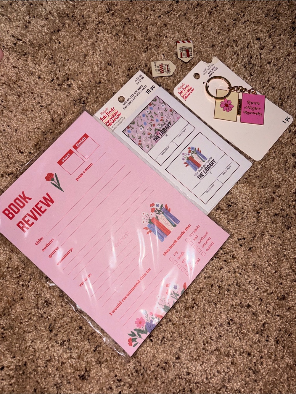 Michaels Pink Book Review Stationery Set with Library Stickers & Keychain